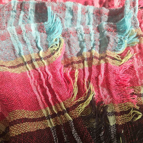 Pink Blue Yellow Burgandy Black Large Plaid Fringe Scarf 52" x 48" - Picture 7 of 7